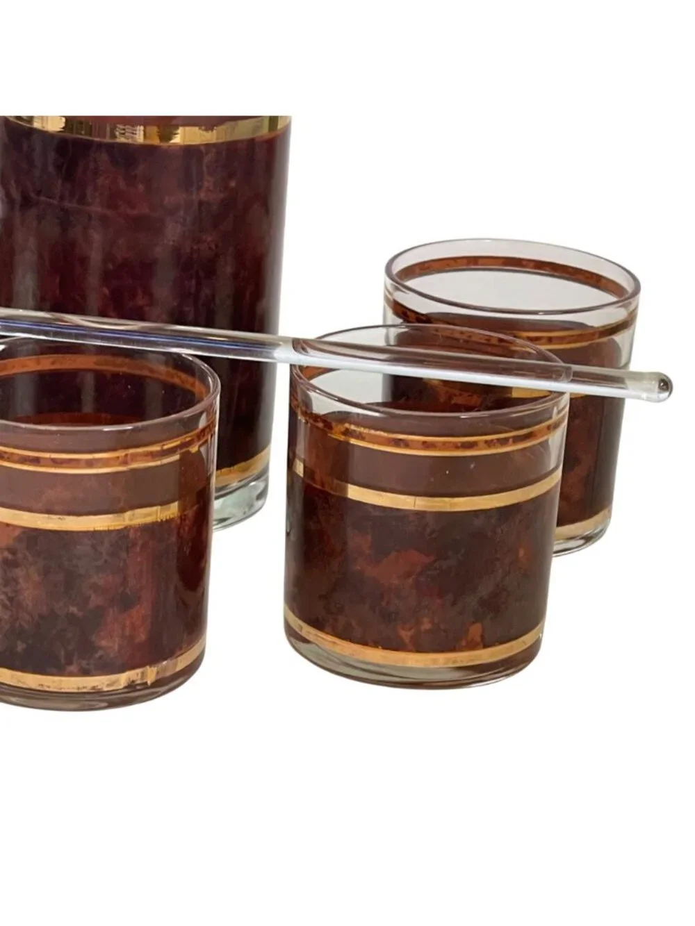 Vintage Culver Tortoise Cocktail Set w/ Pitcher 4 Glasses Stir Stick MCM 22k Bar
